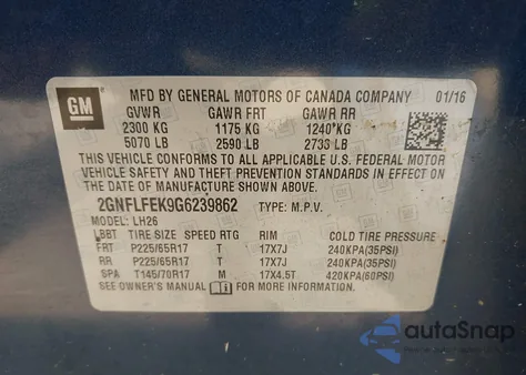 2016 Chevrolet Equinox Lt z USA, uszkodzony, nr VIN 2GNFLFEK9G6239862